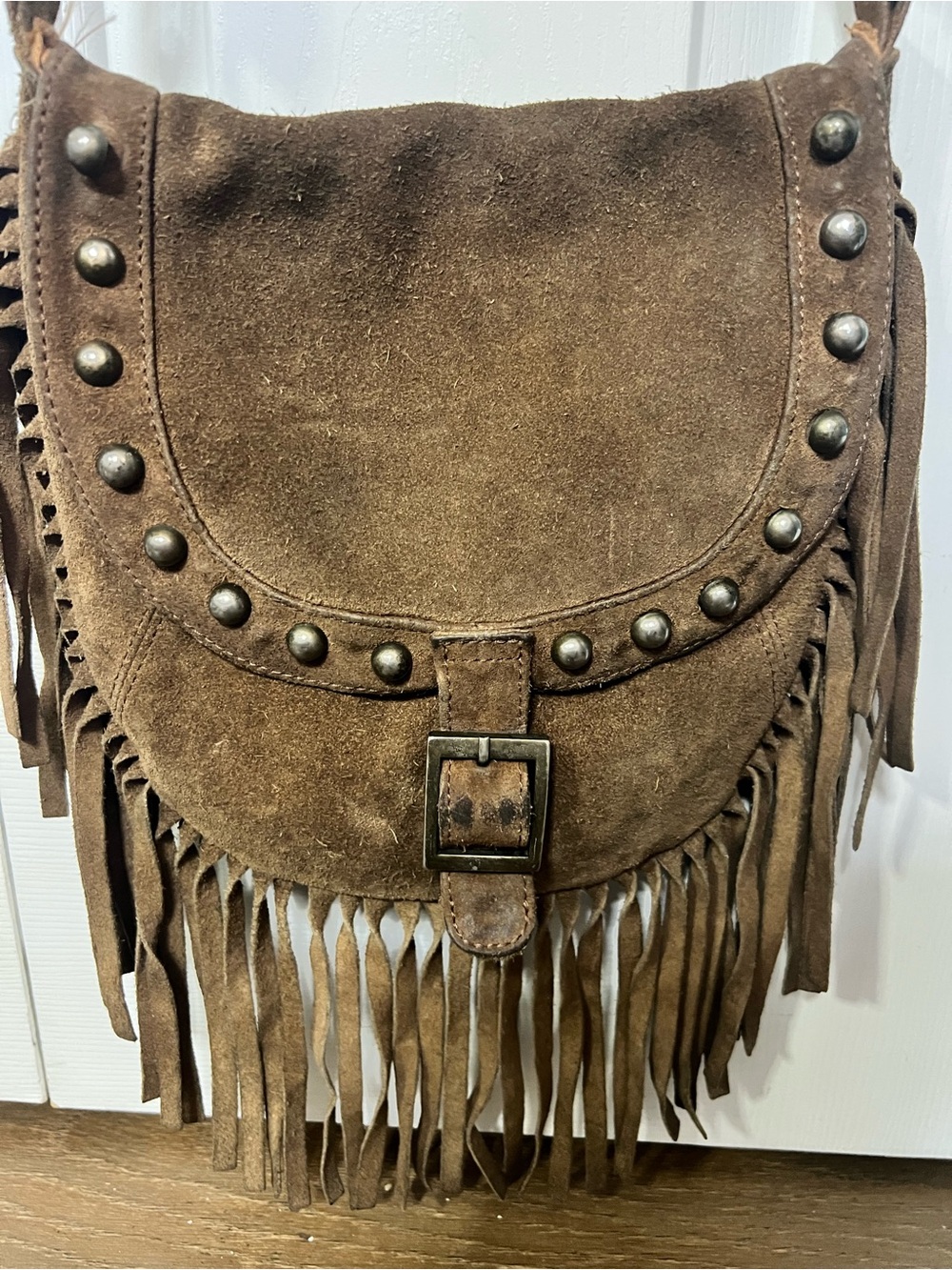 Genuine Brown Suede Fringe Studded Boho Crossbody Bag